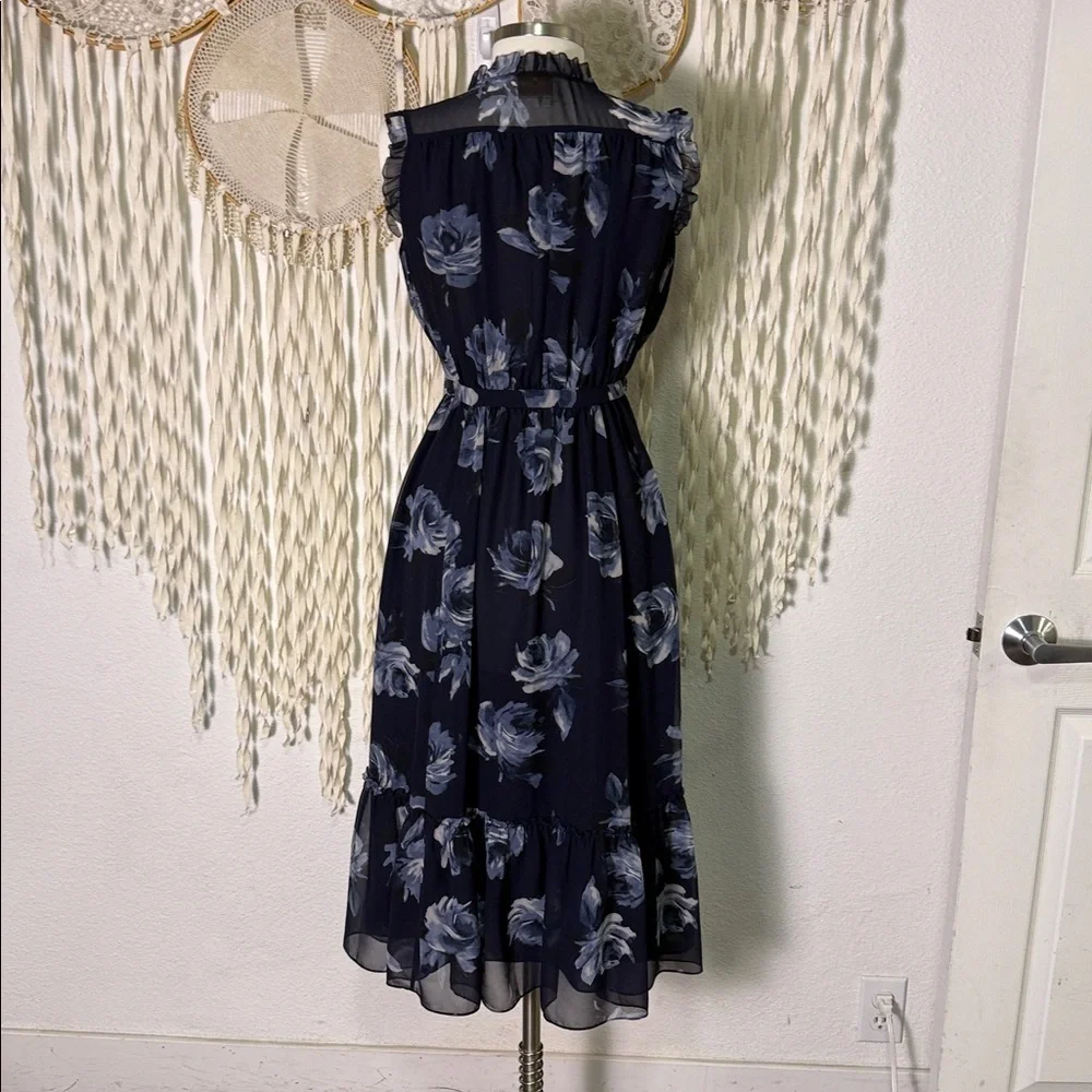 Kate Spade Navy and Light Blue Floral Chiffon Embellished Midi Length Dress XS